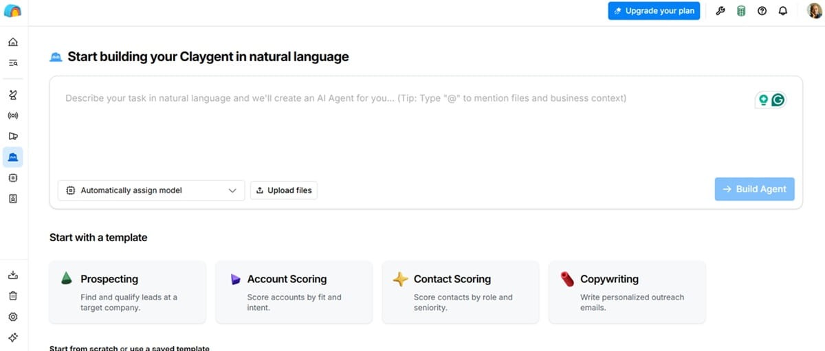 Clay platform dashboard showing the "Start building your Claygent" interface with options for prospecting, account scoring, contact scoring, and copywriting.
