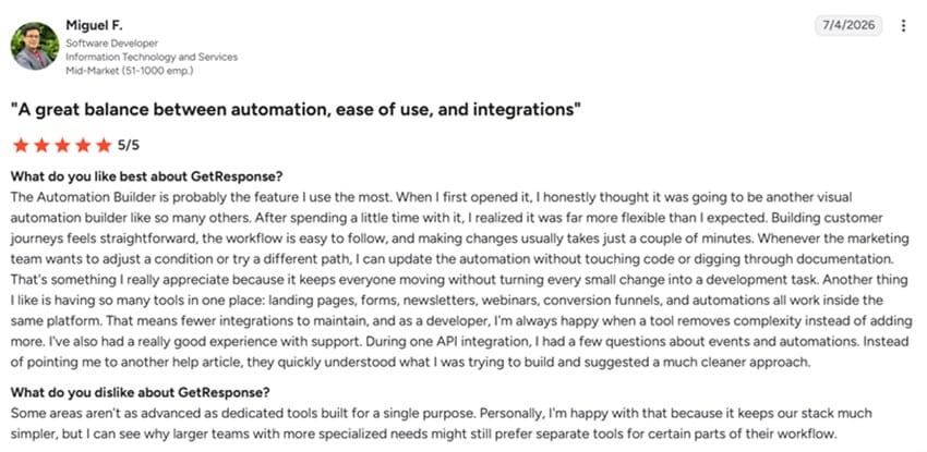 G2 customer review of GetResponse by Miguel F., praising the platform's ease of use, automation builder, and integrations while noting its simplicity compared to specialized tools.