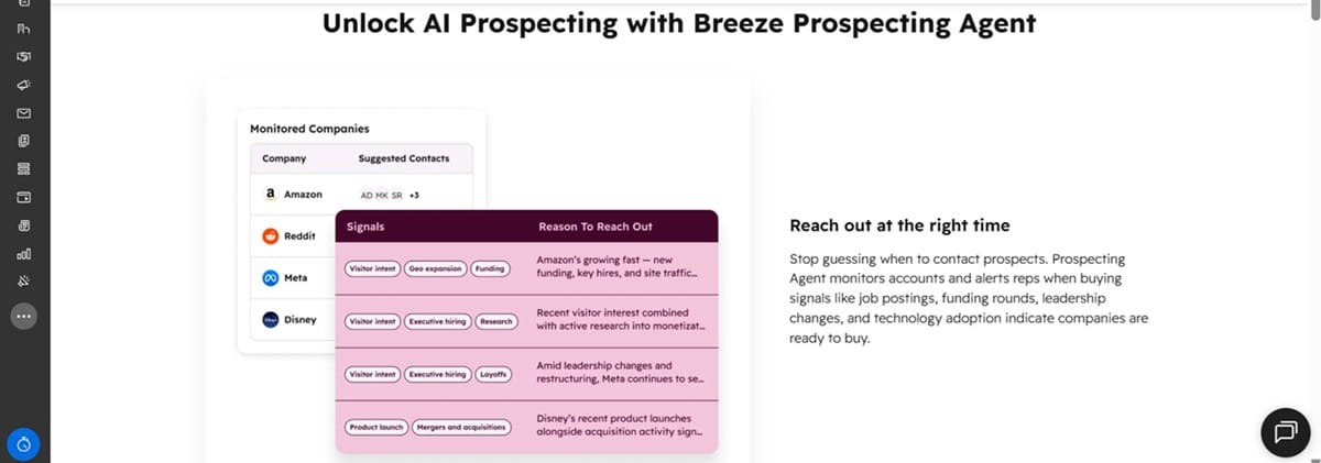 Screenshot of HubSpot's Breeze Prospecting Agent dashboard displaying a list of monitored companies, sales signals for reaching out, and reasons for contact like visitor intent, funding, and leadership changes.