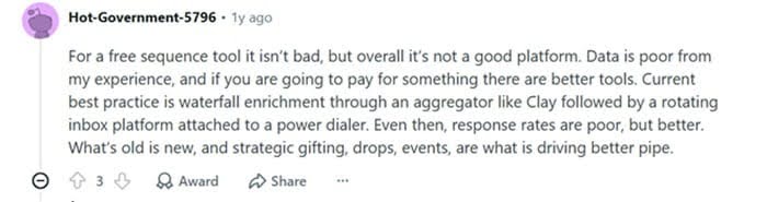 A Reddit comment from a user discussing their experience with Apollo, suggesting that while it has a free sequence tool, better results might come from using waterfall enrichment via tools like Clay.