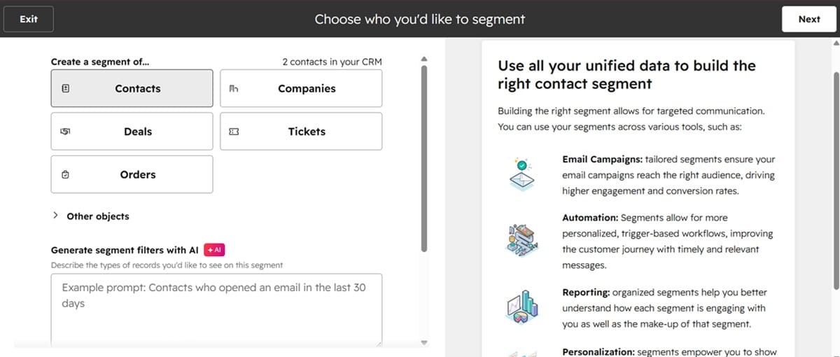 HubSpot CRM interface for building custom customer segments.