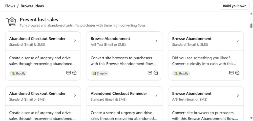 Klaviyo prebuilt e-commerce email automation flows for abandoned checkouts.