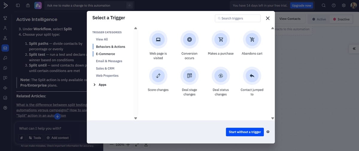 ActiveCampaign automation trigger selection menu for e-commerce and behavior-based flows.