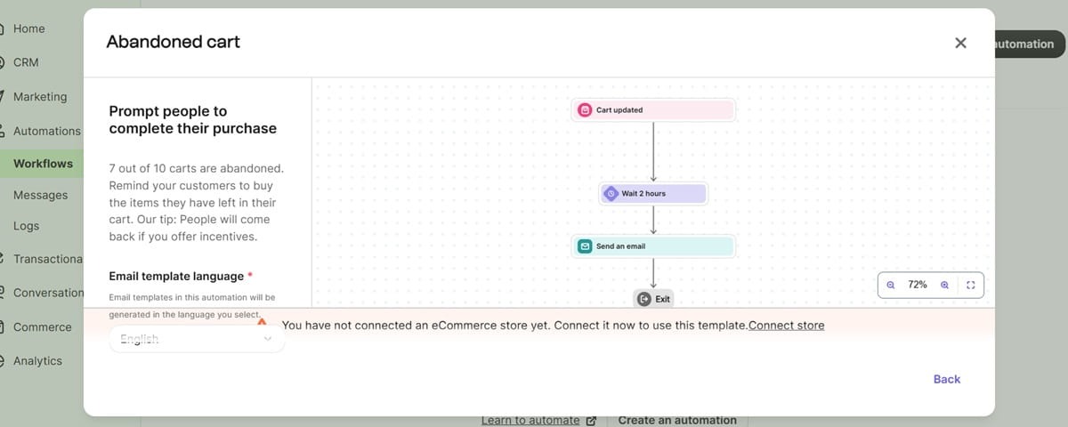 Brevo automated abandoned cart workflow builder interface.
