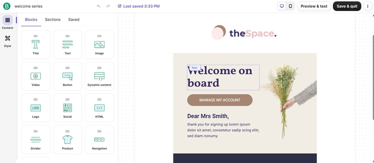 Brevo visual email design editor interface.