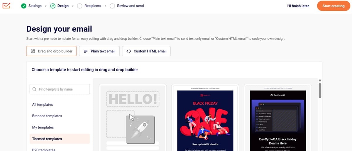 The Sender email design interface, featuring options for drag-and-drop, plain text, and custom HTML email creation.