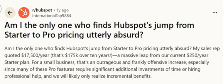 Reddit discussion thread regarding the price jump between HubSpot Starter and Pro plans.