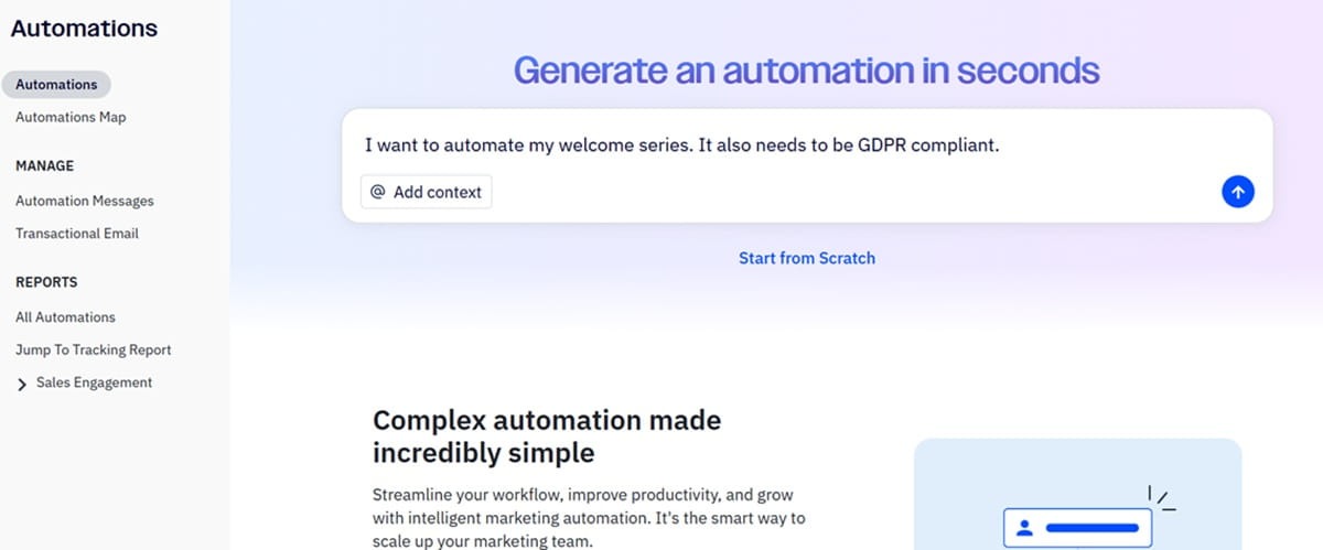 ActiveCampaign interface for generating email automation workflows using AI.