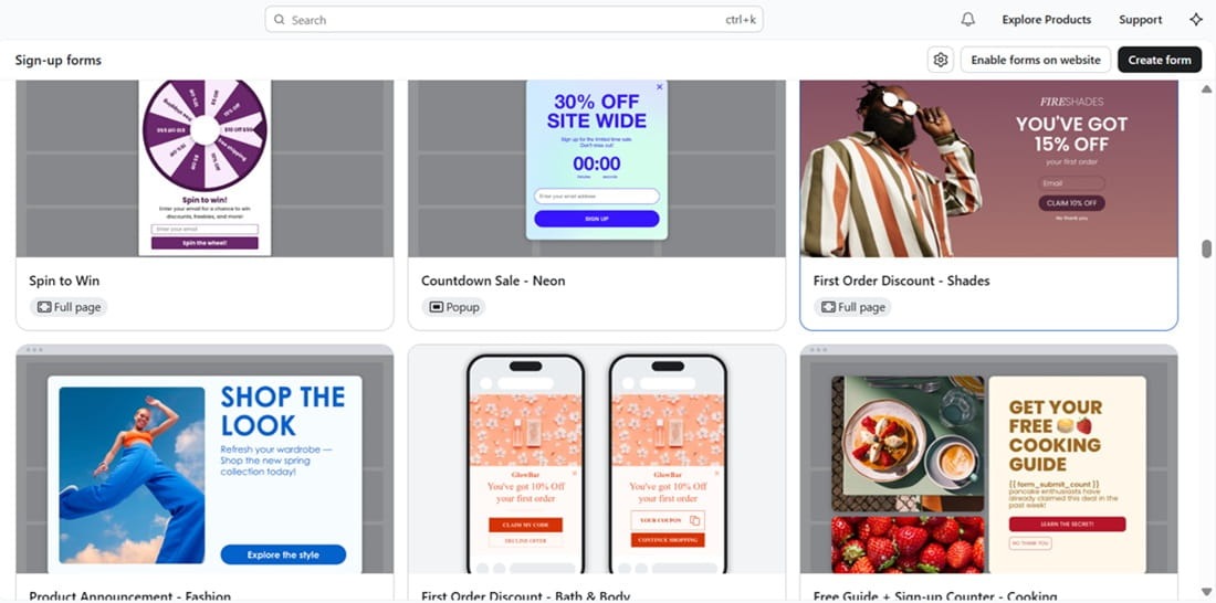 Klaviyo library of signup form templates including pop-ups and spin-to-win forms.