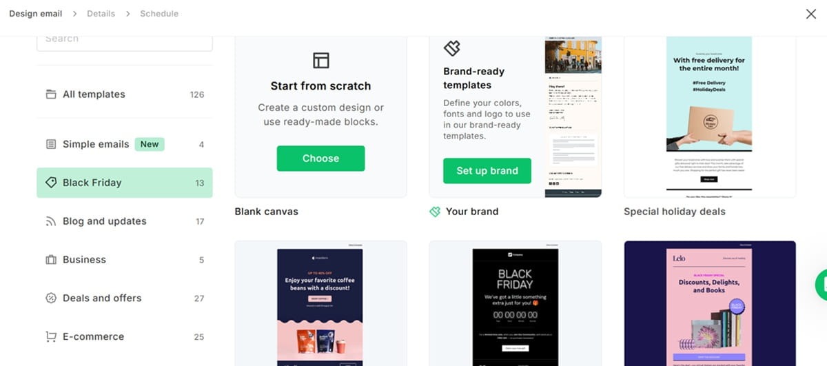 MailerLite email marketing campaign template selection dashboard.