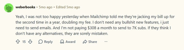 A screenshot of a Reddit comment discussing Mailchimp's pricing structure and concerns about fee increases.