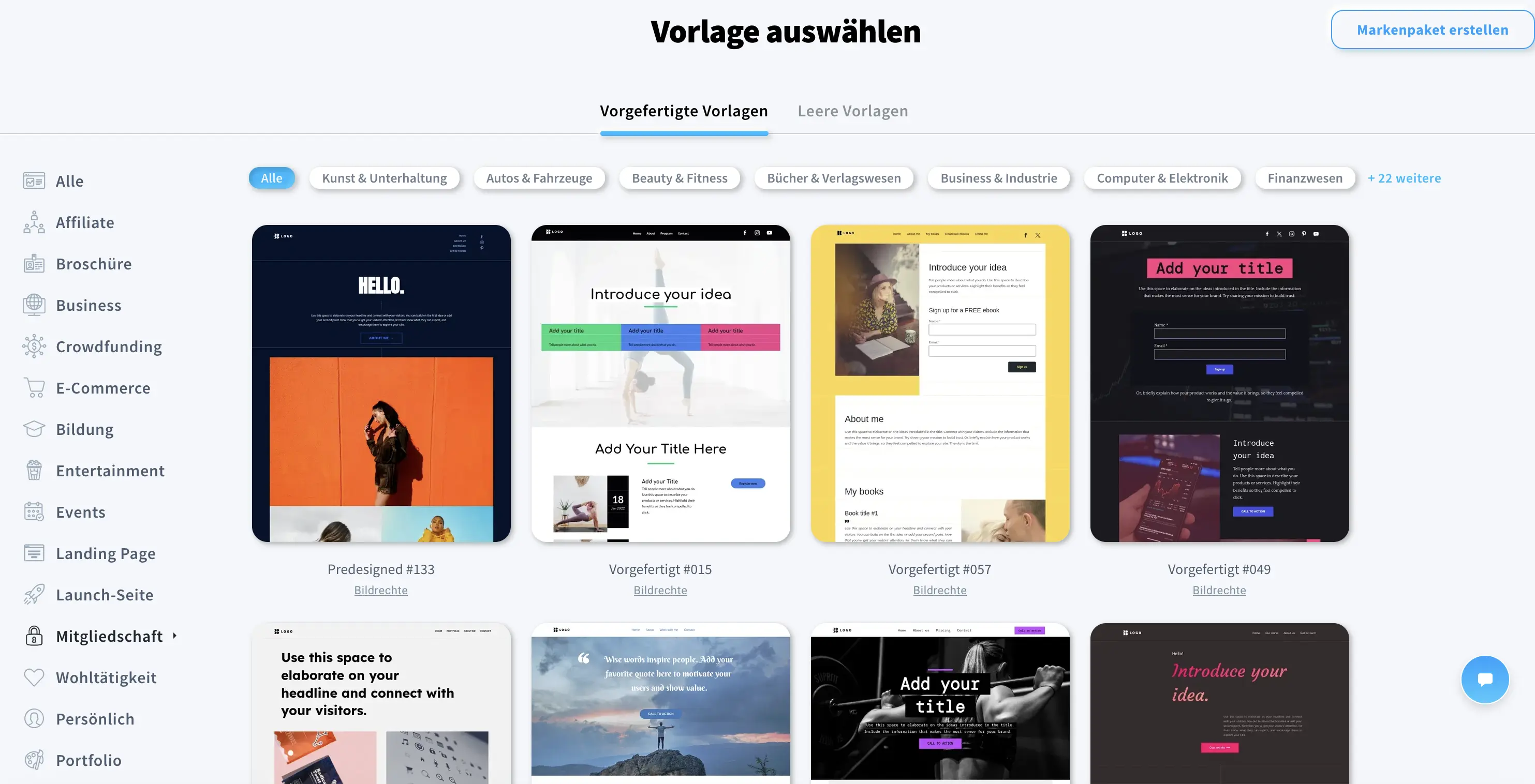 GetResponse-Website-Builder-Oberfläche mit Community-Vorlagenoptionen sowie anpassbaren Branding- und Layout-Funktionen