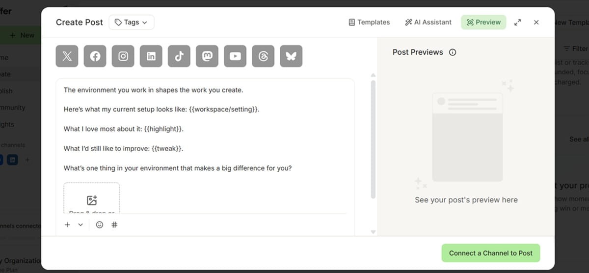 Previewing a scheduled social media post in Buffer.