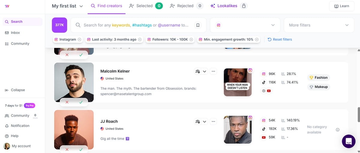Wednesday creator search interface for influencer marketing.