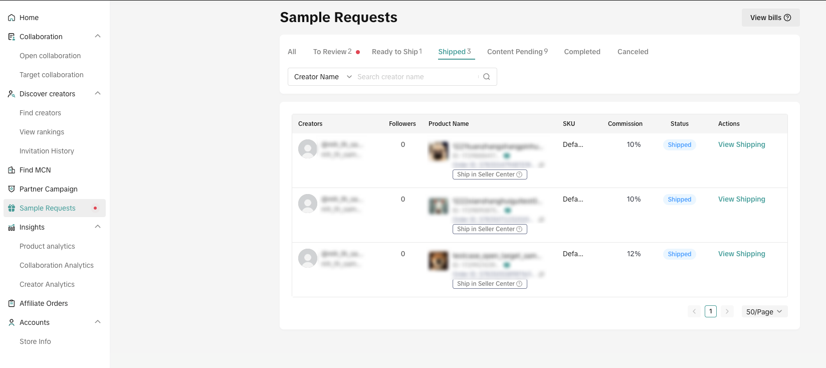 TikTok Seller Center dashboard for managing creator sample requests.