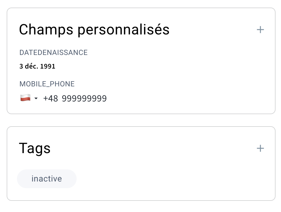 Fiche de contact dans GetResponse affichant les tags et les champs personnalisés.