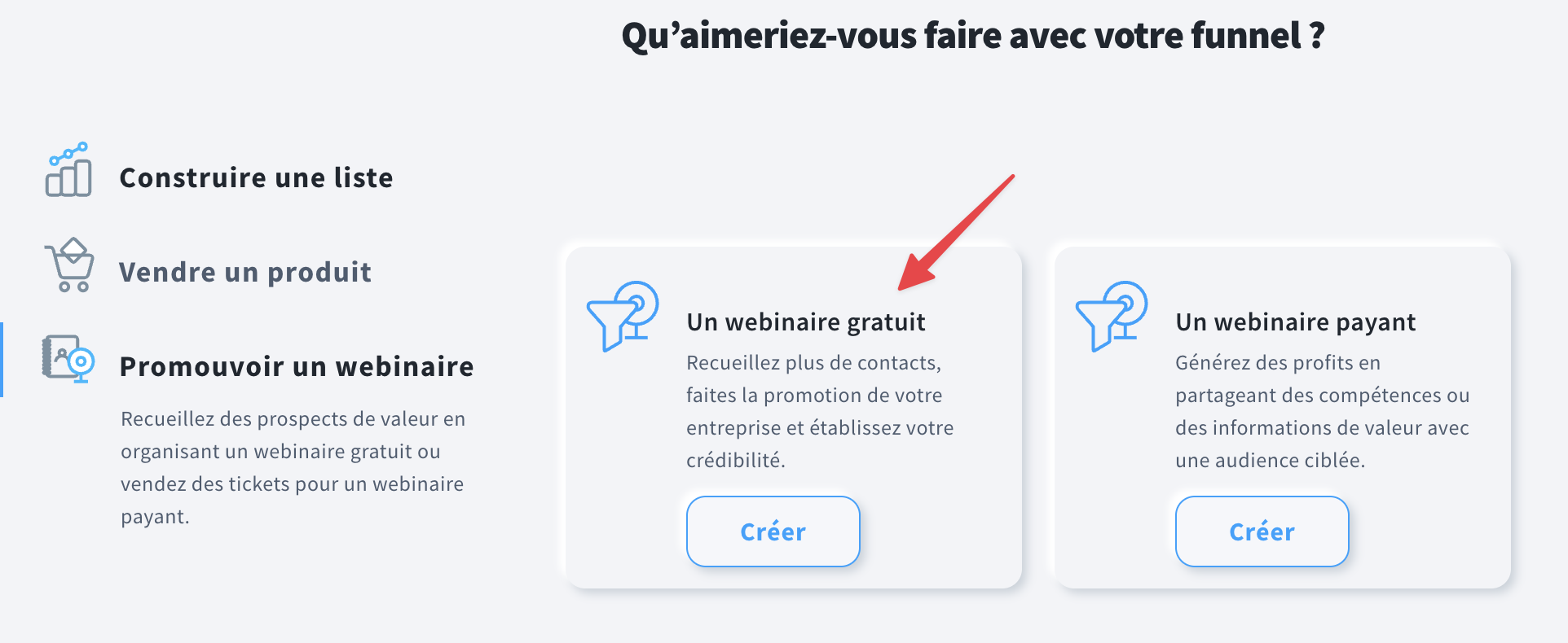 Options de funnel de webinaire disponibles dans le funnel de conversion de GetResponse.
