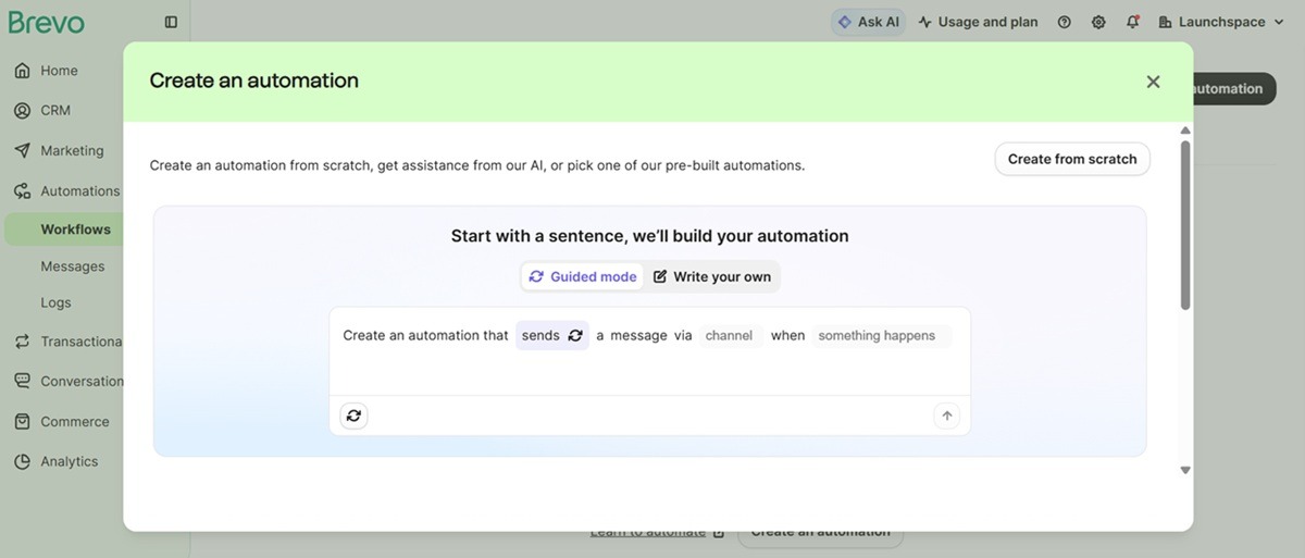 Brevo interface for creating automated marketing workflows using guided mode or scratch options.