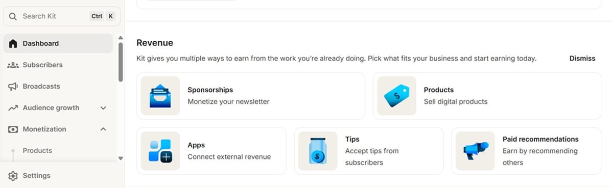 Kit creator dashboard showing revenue options like sponsorships, products, and paid recommendations.