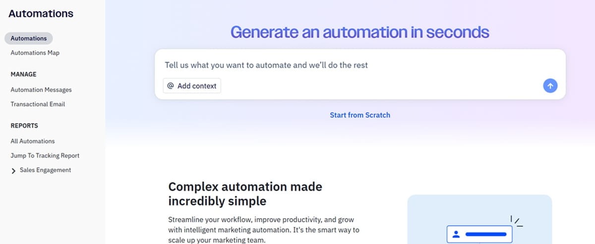 ActiveCampaign automation builder showing prompt-based workflow generation for small businesses.