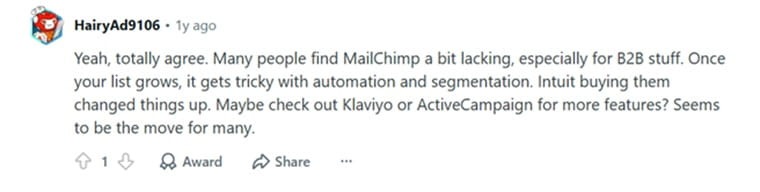 Review of Mailchimp noting limitations in B2B automation and segmentation features.