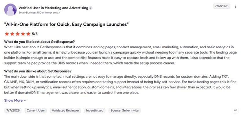 Review of GetResponse all-in-one platform for marketing, landing pages, and email automation.