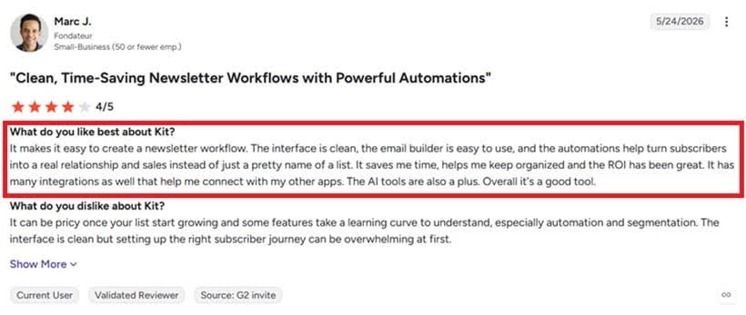 Review of Kit email marketing platform praising clean newsletter workflows and powerful automation.