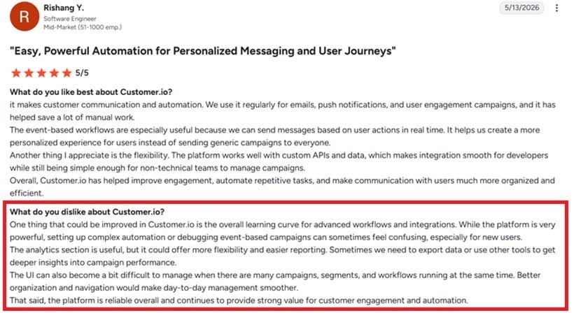 Customer.io user review discussing automation features and platform usability.