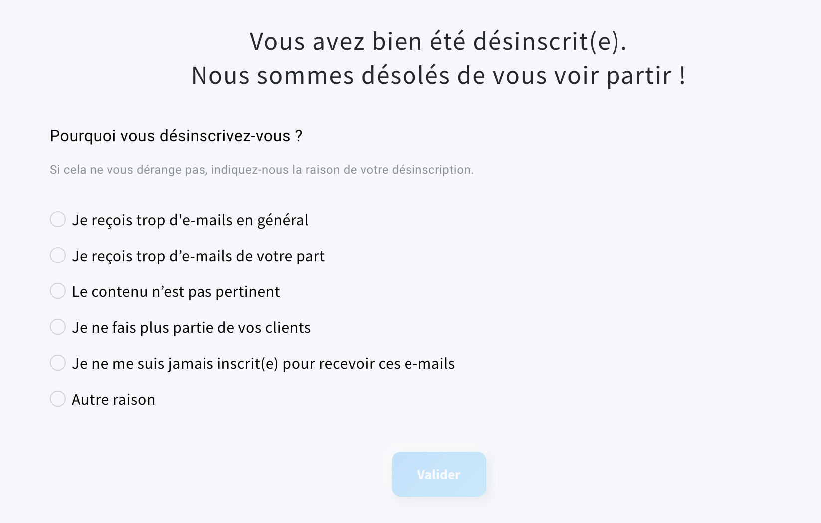 Enquête de désabonnement affichée aux utilisateurs qui se désinscrivent de la réception d’e-mails.