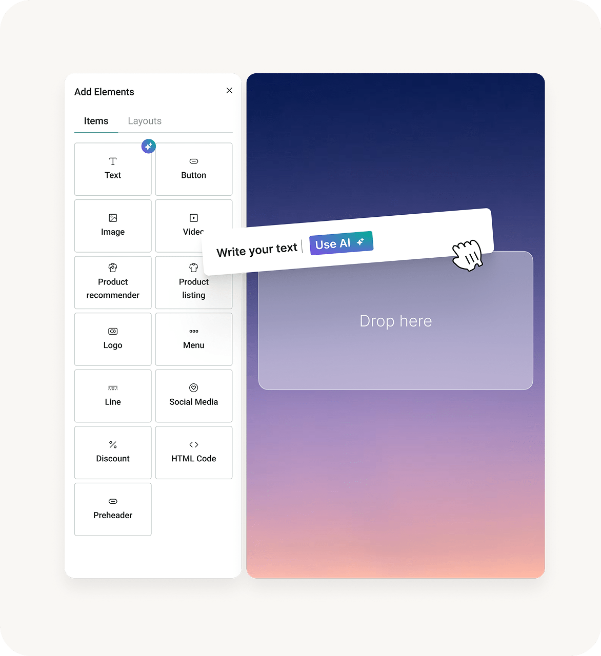 Omnisend's drag and rop email editor with AI
