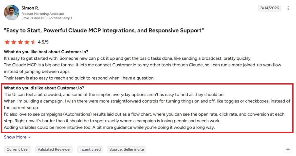 A 4.5-star G2 review for Customer.io from Simon R., highlighting ease of use and support while noting some UI complexity.