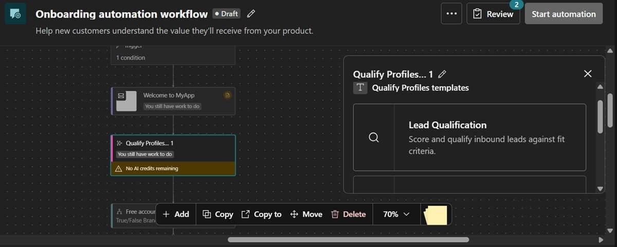 A screenshot of the Customer.io 'Qualify Profiles' step within a workflow, showing lead qualification criteria settings.