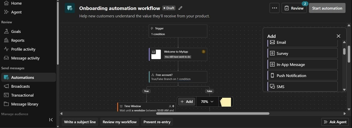 A screenshot of the Customer.io visual workflow builder showing an 'Onboarding automation workflow' with a trigger condition, a 'Welcome to MyApp' message, and a True/False branch.