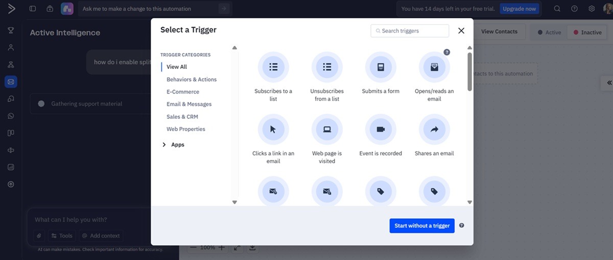 A screenshot of the ActiveCampaign 'Select a Trigger' menu, displaying various trigger categories such as 'Behaviors & Actions', 'E-Commerce', and 'Email & Messages'.