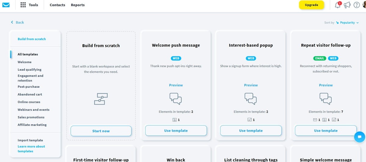 Screenshot of the GetResponse drag-and-drop automation builder showing various workflow templates like Welcome push message and Repeat visitor follow-up.