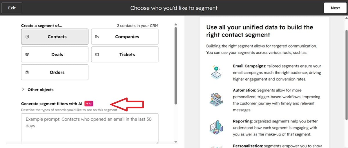 HubSpot CRM segment builder interface with an AI-powered generator for creating targeted contact segments using business data.