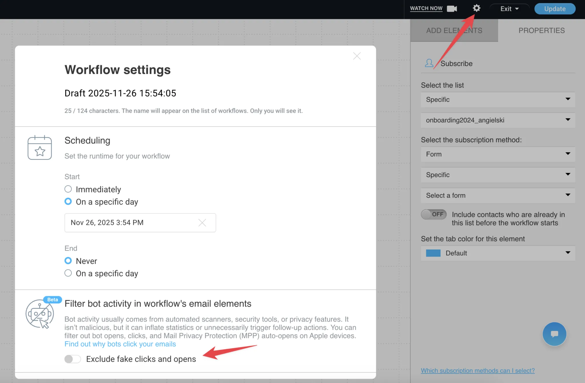 GetResponse workflow settings panel highlighting the option to filter out fake clicks and opens from bot activity.