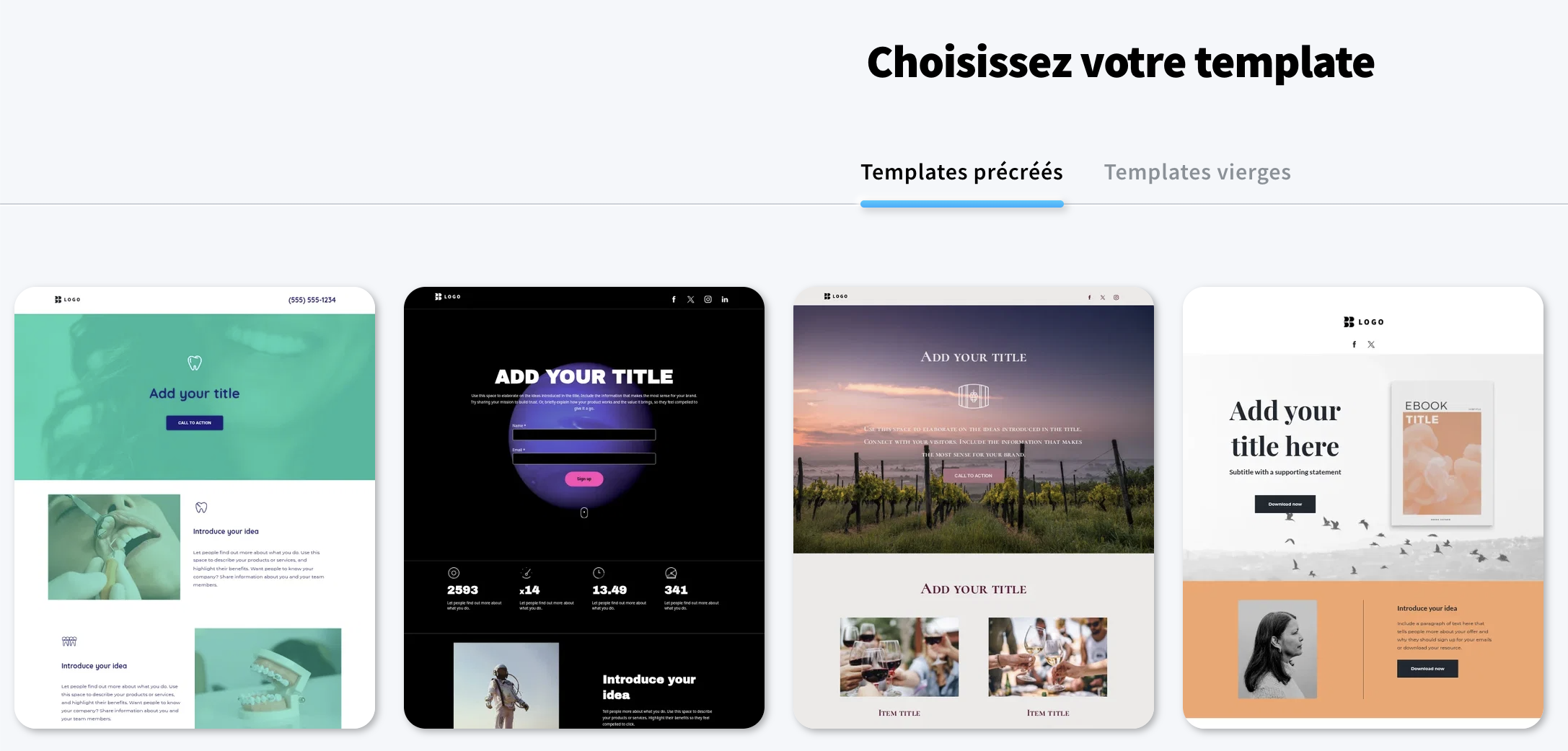 Interface de création de landing pages par IA, présentant des modèles personnalisables et des éléments à glisser-déposer pour optimiser les conversions.