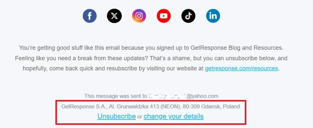 Email footer showing compliant unsubscribe link and business address