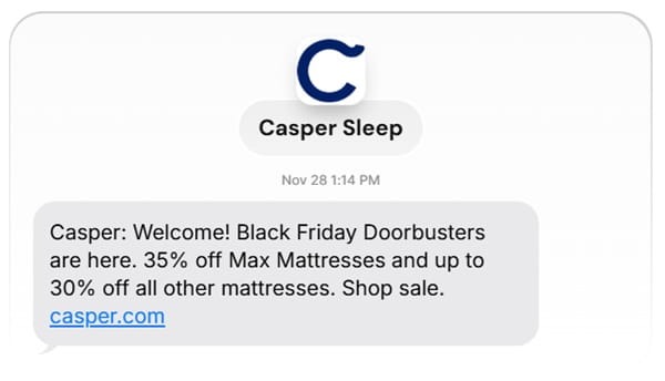 Casper Sleep Black Friday text message announcement for doorbusters