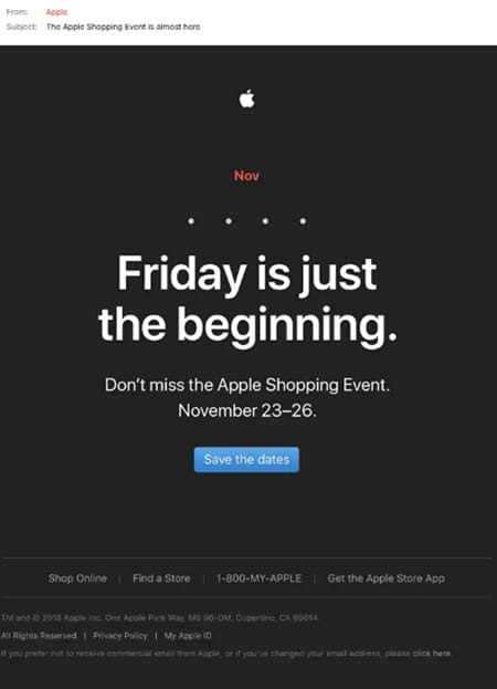 Apple Black Friday pre-launch promotional email with Save the dates button