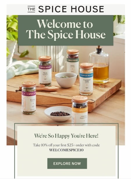 The Spice House welcome email showcasing popular spices and discount code