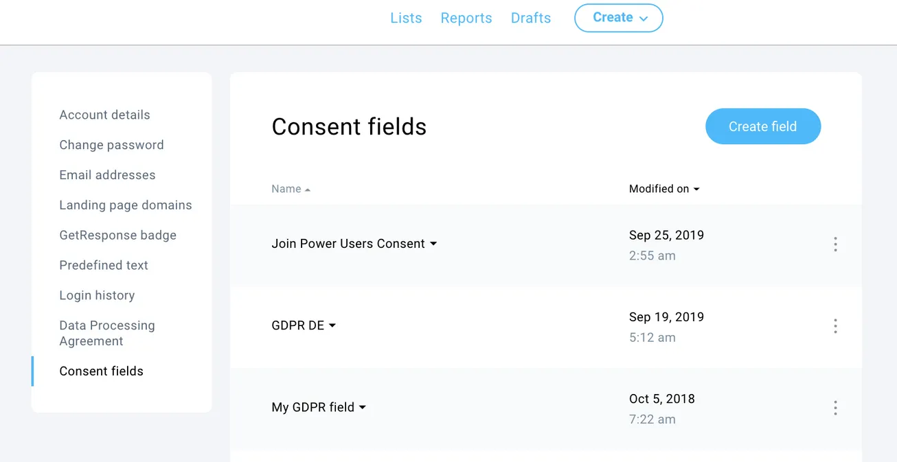 GetResponse Consent Fields dashboard showing GDPR consent options