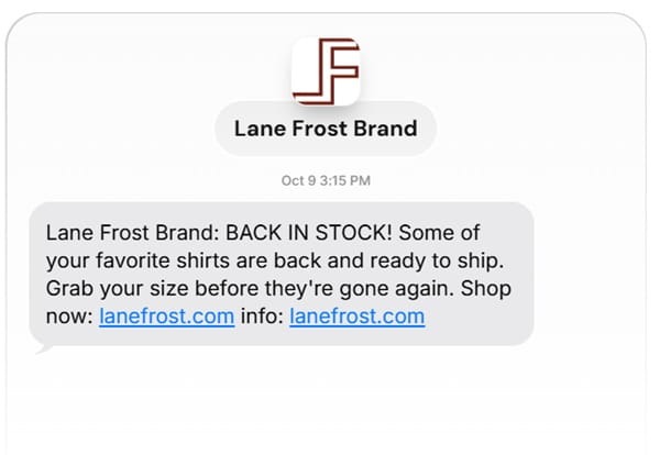 Lane Frost Brand back-in-stock SMS alert with website link