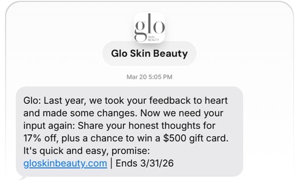 Glo Skin Beauty survey request SMS offering discount and gift card entry