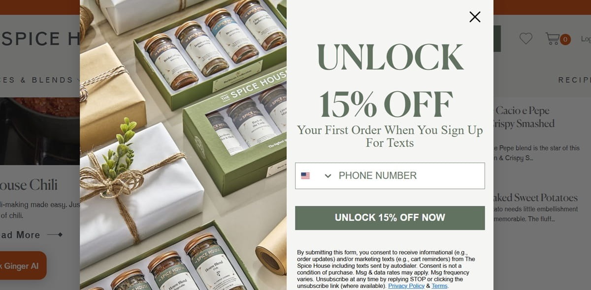 The Spice House website popup offering 15% off for text signups