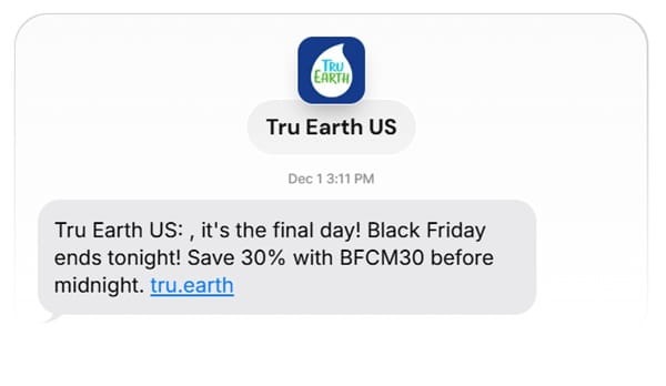 Tru Earth US Black Friday final hours SMS reminder with coupon code