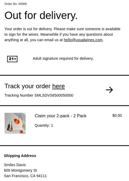 Usual Wines transactional delivery status email with tracking link