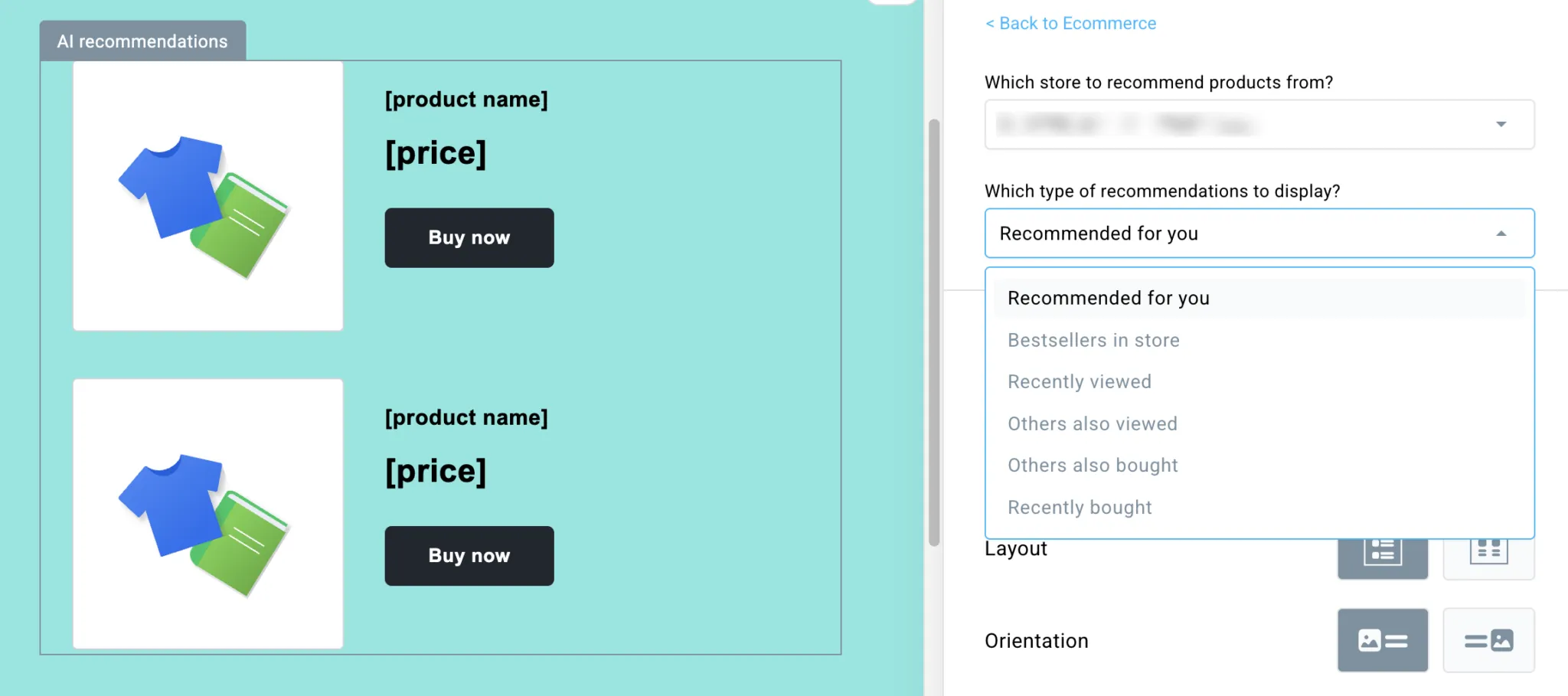 GetResponse marketing automation interface showing setup options for AI product recommendations.