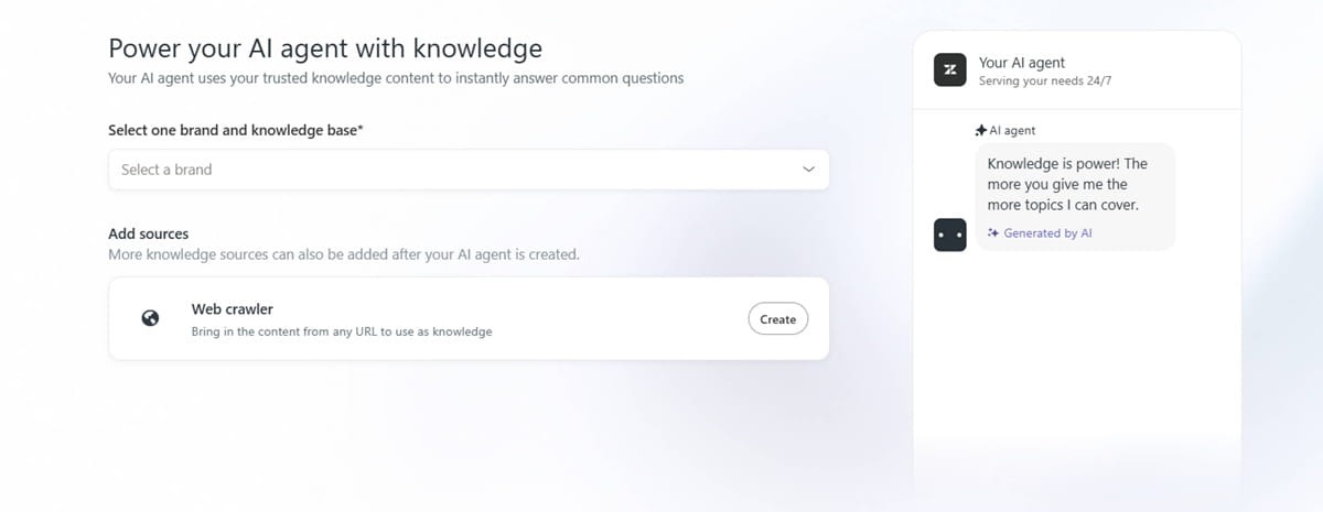 Zendesk dashboard interface showing AI agent setup and knowledge base connection options.